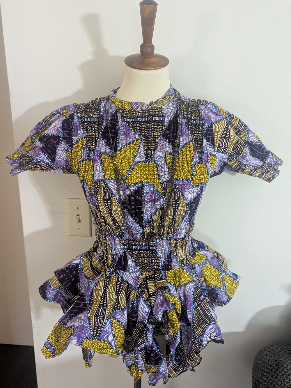 Handmade Ankara African Print Peplum Top Purple Yellow Geometric Smocked Sz S